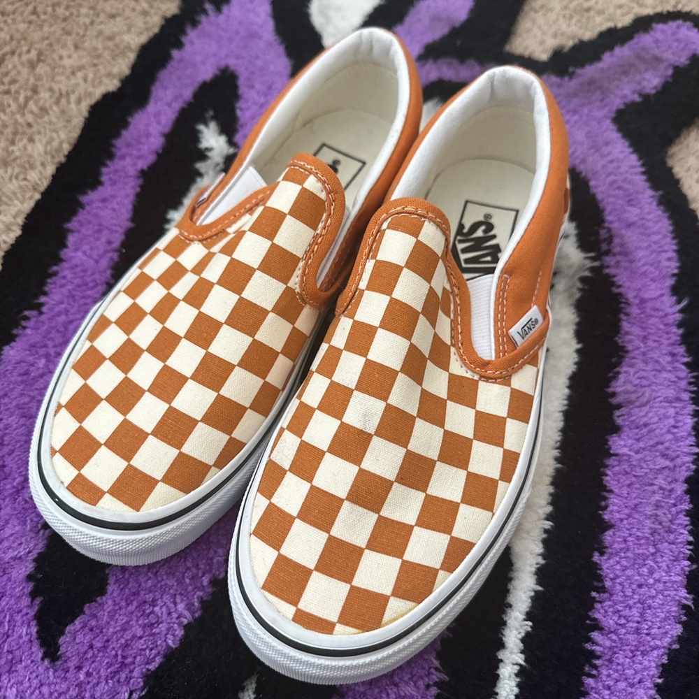 Vans Classic Orange and White Checkered Slip-Ons